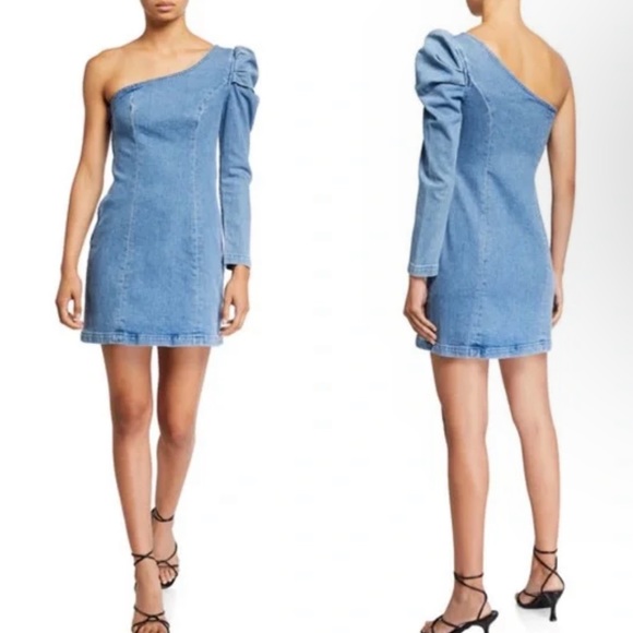 GRLFRND Ellie Puff-Sleeve One-Shoulder Denim Dress XS - Picture 12 of 14